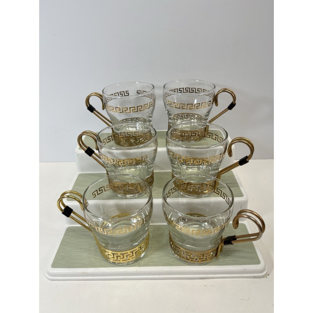 Vintage MCM Libbey Gold Greek Key Continental Glass Coffee Cups Mugs - Set of 6
